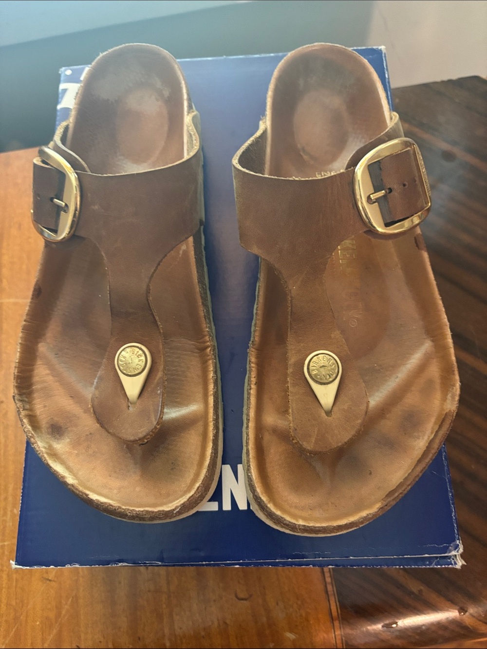 Birkenstock Brown Leather Toe-Post Sandals with Gold Buckles